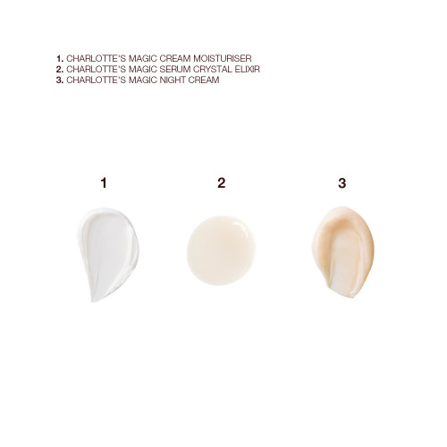 Swatches of a pearly-white face cream, luminous ivory-coloured serum, and fawn-coloured thick night cream.