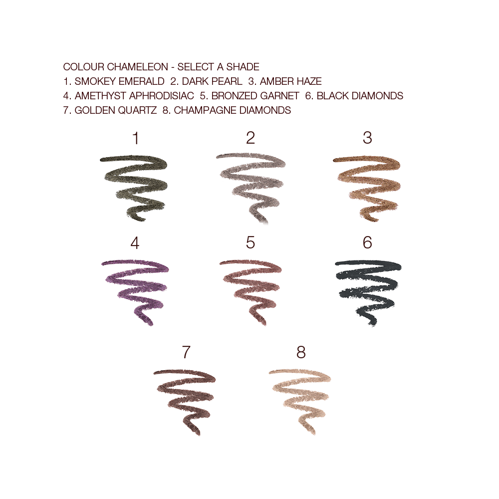 Swatches of eight eyeshadow sticks in amber, smokey red, black, champagne, dark green, grey, dark purple, and golden-brown.