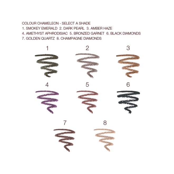 Colour Chameleon swatches Swatches of eight eyeshadow sticks in amber, smokey red, black, champagne, dark green, grey, dark purple, and golden-brown.