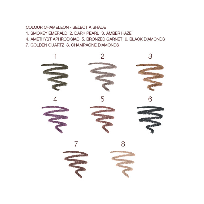Swatches of eight eyeshadow sticks in amber, smokey red, black, champagne, dark green, grey, dark purple, and golden-brown.