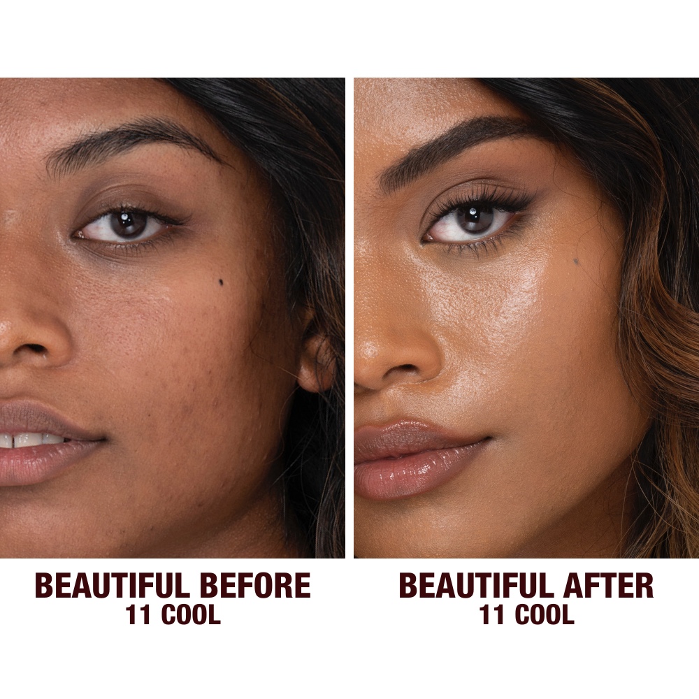 Before and after shots of a deep-tone model without any makeup and then wearing glowy, flawless skin, wearing skin-like foundation that adds a youthful glow and looks natural along with nude pink lipstick and subtle everyday eye makeup.