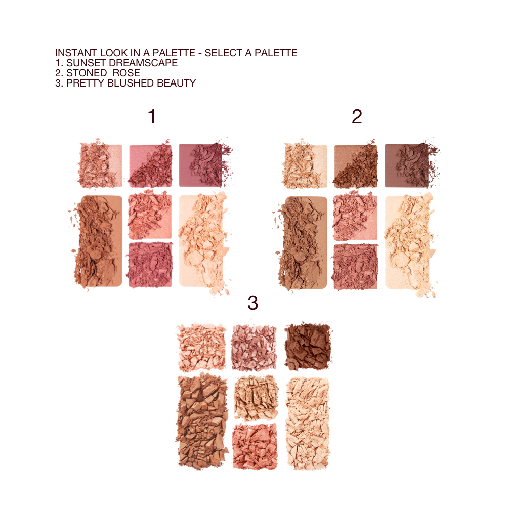 Swatches of three, face palettes with three eyeshadows in nude shades, two blushes in shades of pink and peach, and contour and highlight powders.