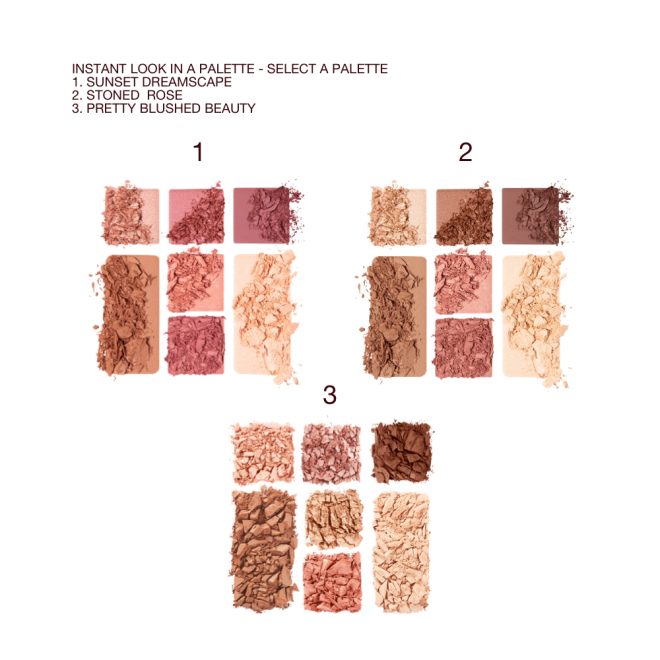 Swatches of three, face palettes with three eyeshadows in nude shades, two blushes in shades of pink and peach, and contour and highlight powders.