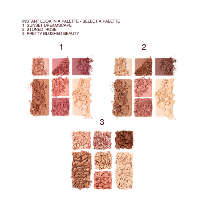 Instant Eye Palettes swatches Swatches of three, face palettes with three eyeshadows in nude shades, two blushes in shades of pink and peach, and contour and highlight powders.
