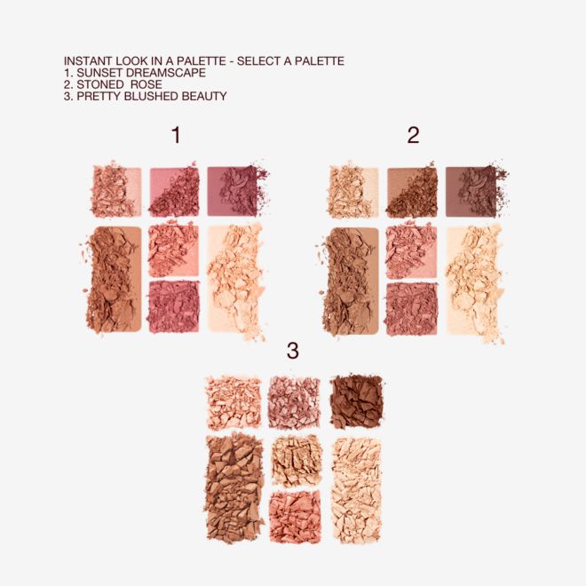 Instant Eye Palettes swatches Swatches of three, face palettes with three eyeshadows in nude shades, two blushes in shades of pink and peach, and contour and highlight powders.