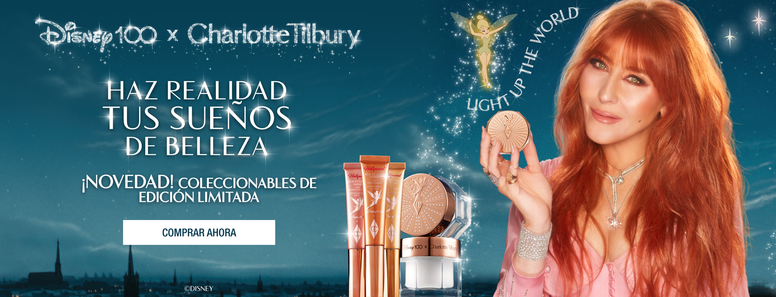 Charlotte Tilbury holding Magic Cream moisturiser with cartoon Tinker Bell character.







