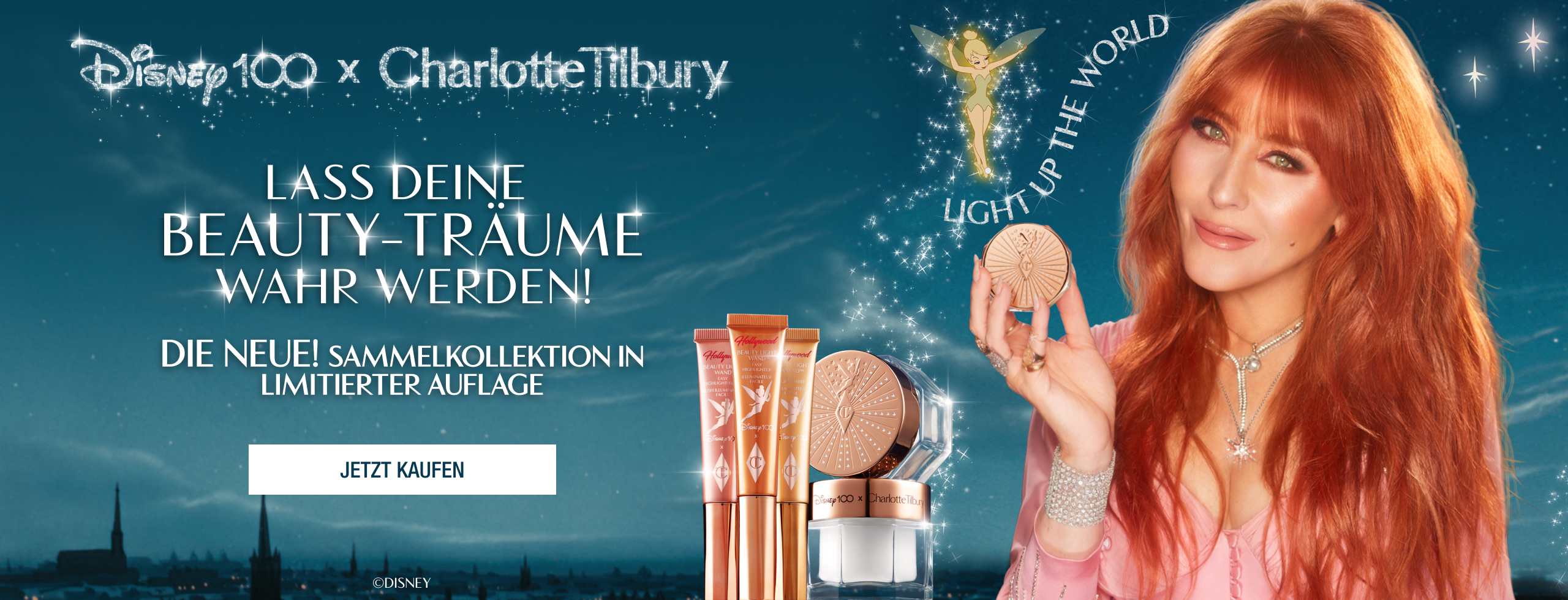 Charlotte Tilbury holding Magic Cream moisturiser with cartoon Tinker Bell character.







