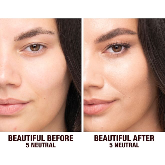 Beautiful Skin Foundation in 5 Neutral on light-tone model before and after Before and after shots of a light-tone model without any makeup and then wearing glowy, flawless skin, wearing skin-like foundation that adds a youthful glow and looks natural along with nude pink lipstick and subtle everyday eye makeup.