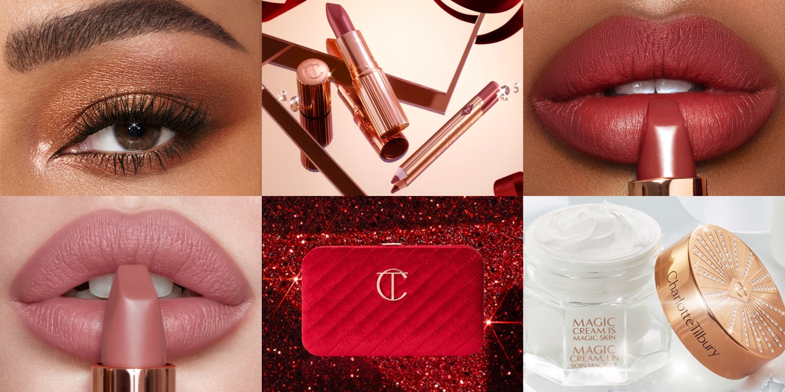 Banner with a picture collage of lips close-up of models applying matte lipsticks, an eye close-up of a model wearing berry rose eyeliner, lipstick and lip liner placed on a table, a makeup pouch with face and eye brushes, and an open glass jar with pearly-white face cream.