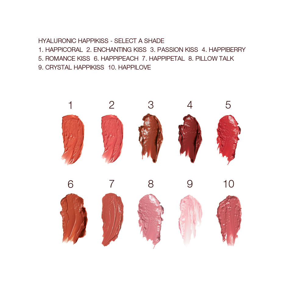 Swatches of moisturising lipstick lip balms in ten shades, that are soft brown, nude peach, vibrant coral, soft pink, nude berry pink, berry-rose, medium-pink, dark brown-red, tea rose, and sheer pink.