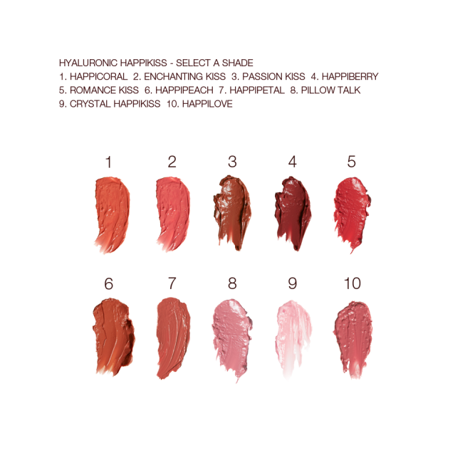 Swatches of moisturising lipstick lip balms in ten shades, that are soft brown, nude peach, vibrant coral, soft pink, nude berry pink, berry-rose, medium-pink, dark brown-red, tea rose, and sheer pink.