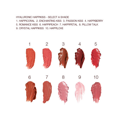 Swatches of moisturising lipstick lip balms in ten shades, that are soft brown, nude peach, vibrant coral, soft pink, nude berry pink, berry-rose, medium-pink, dark brown-red, tea rose, and sheer pink.