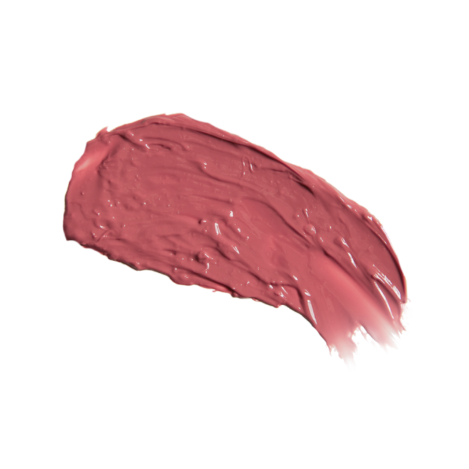 Swatch of a moisturising lipstick lip balm in a nude-pink shade.