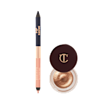 A double-sided eyeliner pencil in jet black and nude beige with an open eyeshadow pot filled with nude cream eyeshadow with fine shimmer.