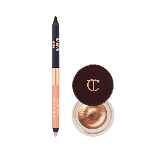 Brighter Mesmerising Eyes Kit A double-sided eyeliner pencil in jet black and nude beige with an open eyeshadow pot filled with nude cream eyeshadow with fine shimmer.