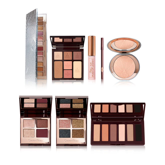 Open, 12-pan eyeshadow palette in shades of peach, pink, brown, red, and beige, face palette with eyeshadows, blushes, bronzer, and highlighter, mascara, eyebrow pencils, highlighter compacts, quad eyeshadow palettes in matte and shimmery shades, and 6-pan nude matte eyeshadow palette.