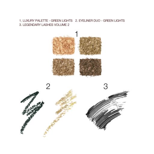 Swatches of four, shimmery eyeshadows in green and golden hues above two swatches of light green and dark green eyeliners, and a swatch of a jet-black mascara. 