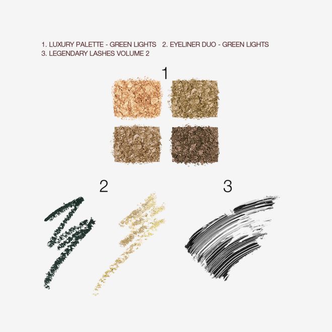 Green lights Magic Trick Kit swatches Swatches of four, shimmery eyeshadows in green and golden hues above two swatches of light green and dark green eyeliners, and a swatch of a jet-black mascara.