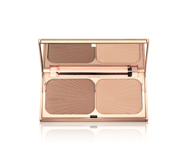 An open, mirrored-lid duo contour palette for light to medium skin tones in sleek rose-gold-coloured packaging. 
