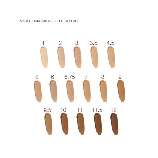 Swatches of sixteen, foundations in shades ranging from ivory, beige, and peach to light, medium, and dark brown for fair, light, medium-light, medium, medium-dark, and deep skin tones. 