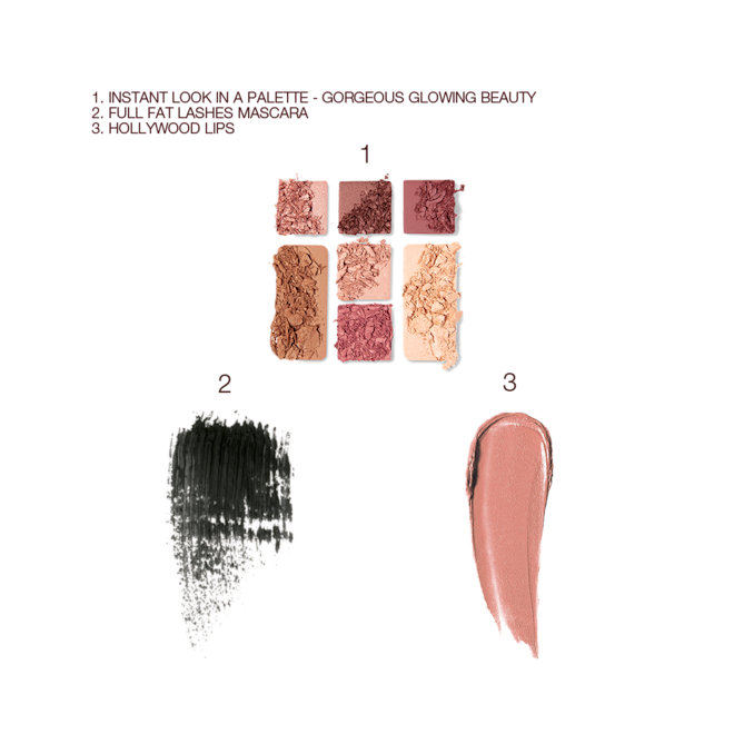 Instant Look In A Palette, Full Fat Lashes, and Hollywood Lips Bundle swatches Swatches of a face palette with nude shadows, blushes, bronzer, and highlighter, a jet-black mascara, and a nude pink lipstick.