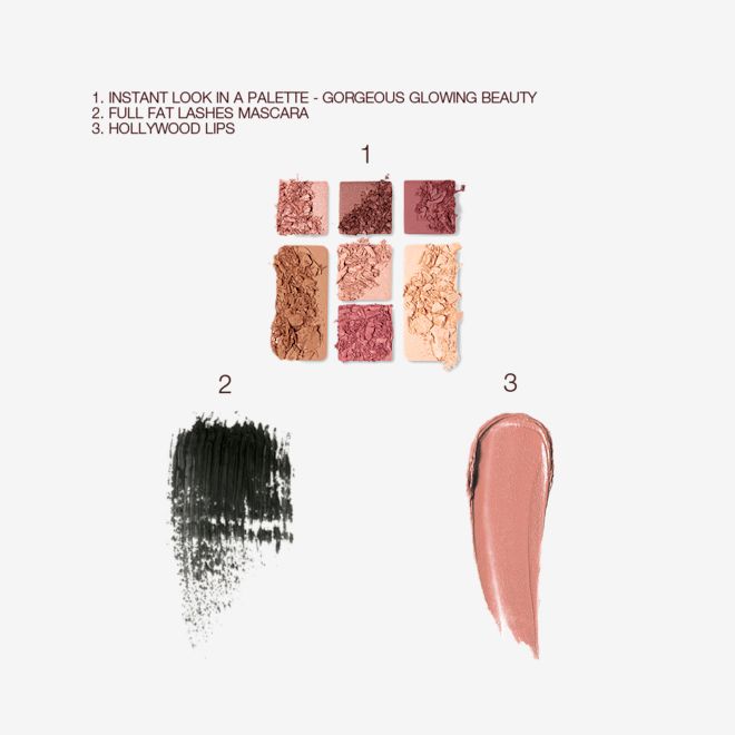 Instant Look In A Palette, Full Fat Lashes, and Hollywood Lips Bundle swatches Swatches of a face palette with nude shadows, blushes, bronzer, and highlighter, a jet-black mascara, and a nude pink lipstick.