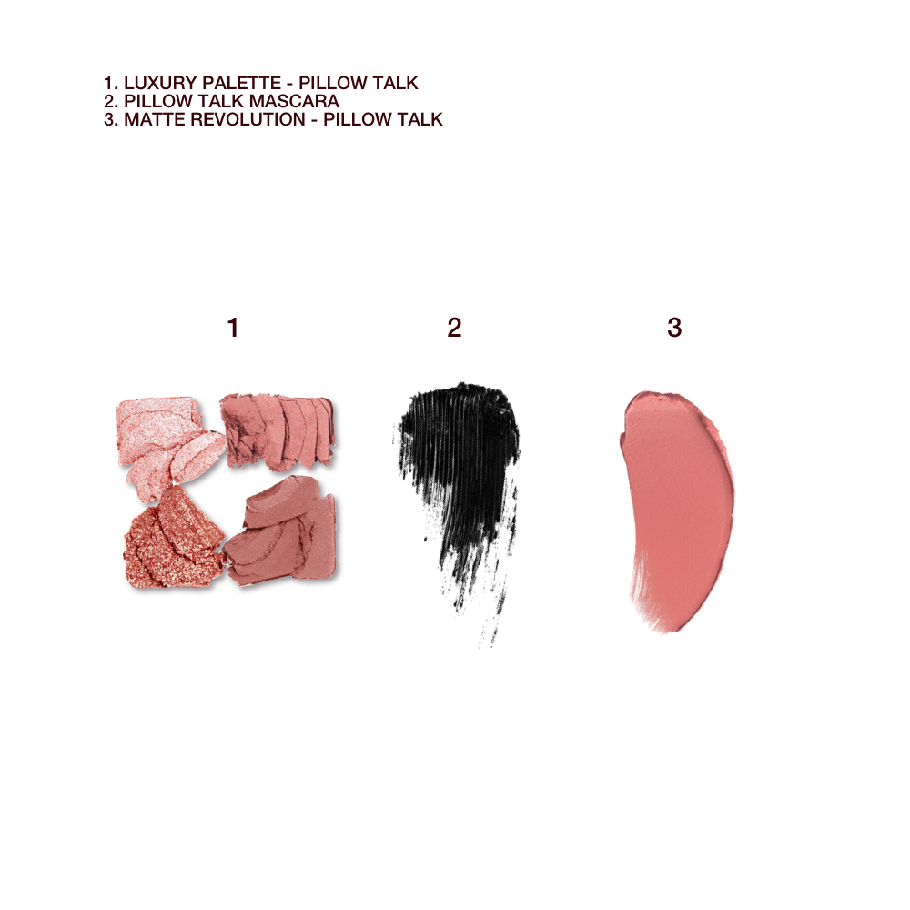Texture swatch of Pillow Talk Luxury Palette, Mascara and Matte Revolution Lipstick