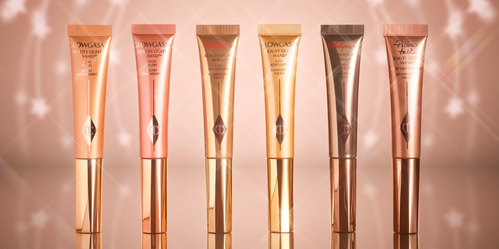 A collection of liquid highlighter tubes showing the packaging and shade range, and a liquid contour showing the packaging.