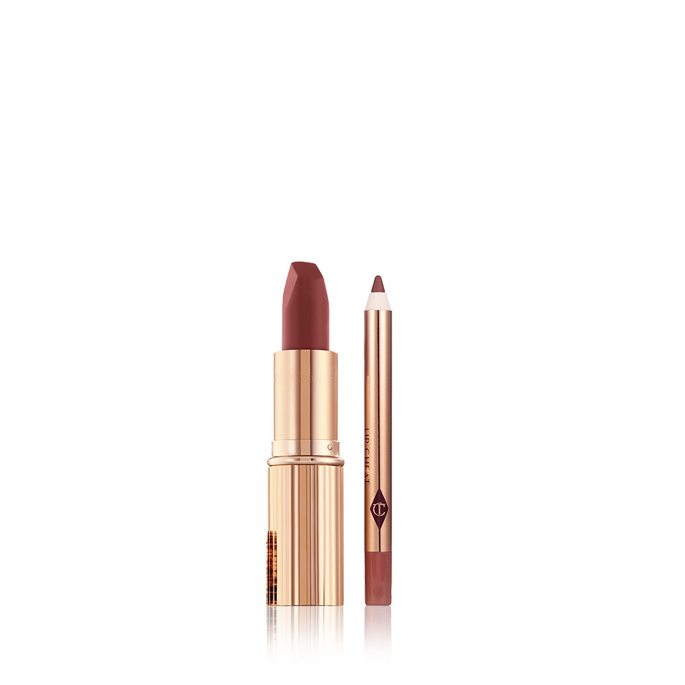 A berry-red lip liner pencil with an open matte lipstick in a berry-rose shade inside a golden-coloured tube. 