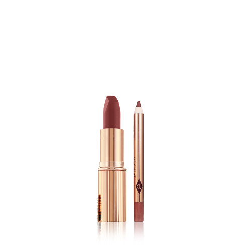 A berry-red lip liner pencil with an open matte lipstick in a berry-rose shade inside a golden-coloured tube. 