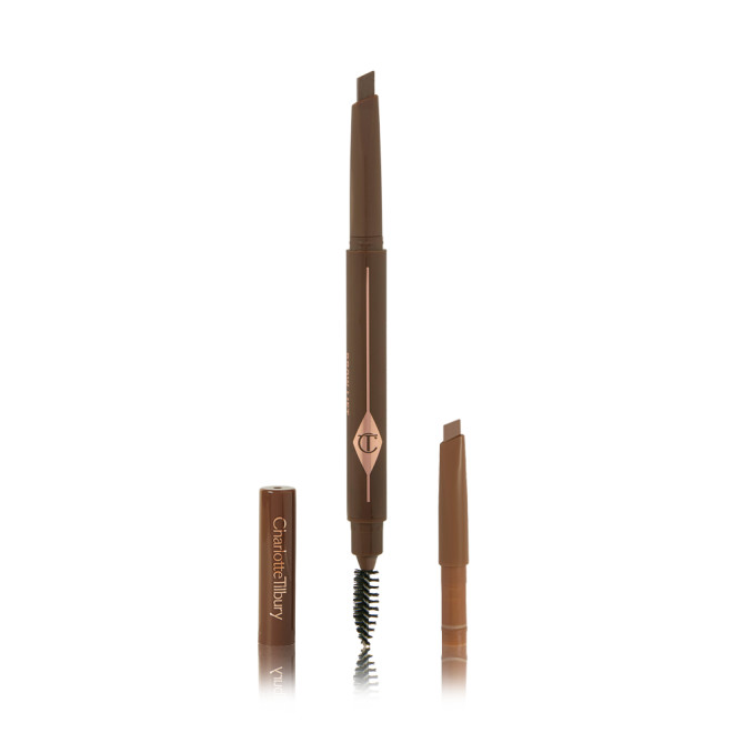 A double-ended eyebrow pencil and spoolie brush duo in a natural brown shade with natural-brown-coloured packaging and the refill besides it.