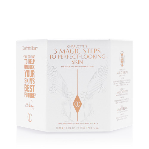 A large, white and gold skincare gift box with text on it that reads, '3 Magic steps to perfect-looking skin'