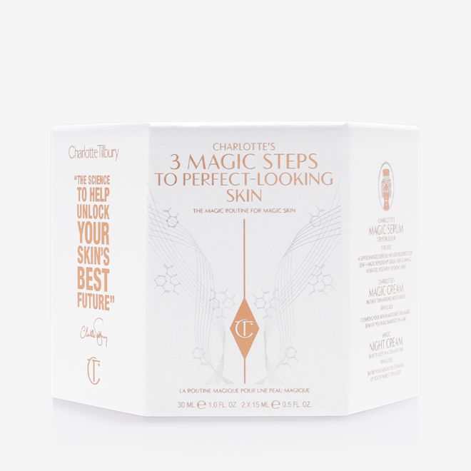 3 Magic Steps Skincare Box A large, white and gold skincare gift box with text on it that reads, '3 Magic steps to perfect-looking skin'