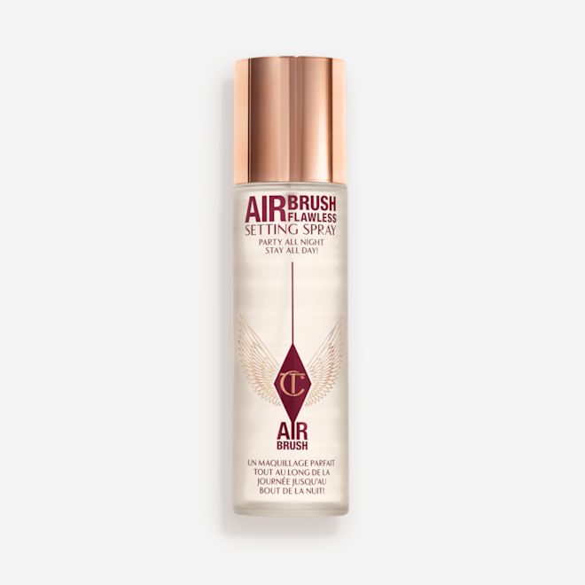 Airbrush Flawless Setting Spray closed Charlotte Tilbury Airbrush Flawless Setting Spray bottle with a 'Best Seller' badge.