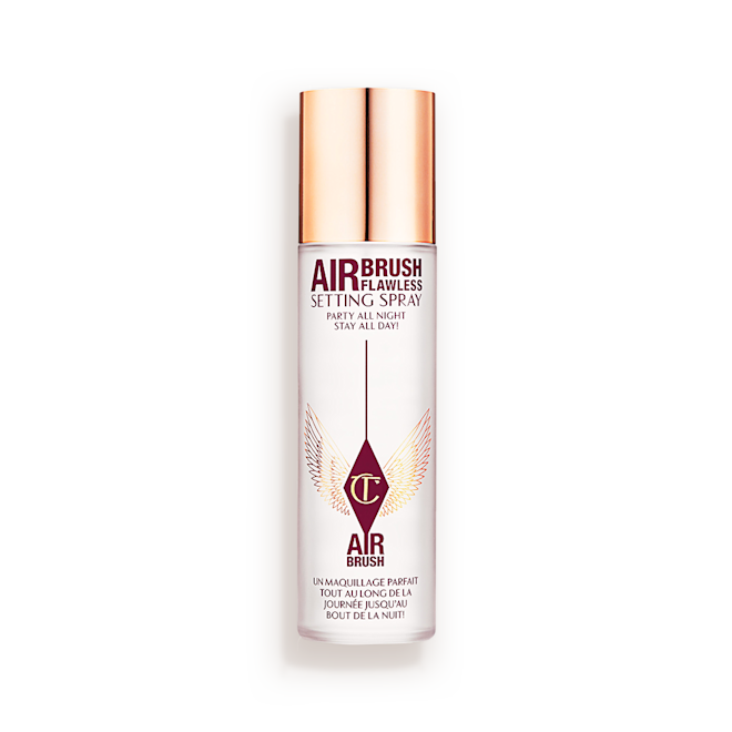 Airbrush Flawless Setting Spray closed Charlotte Tilbury Airbrush Flawless Setting Spray bottle with a 'Best Seller' badge.