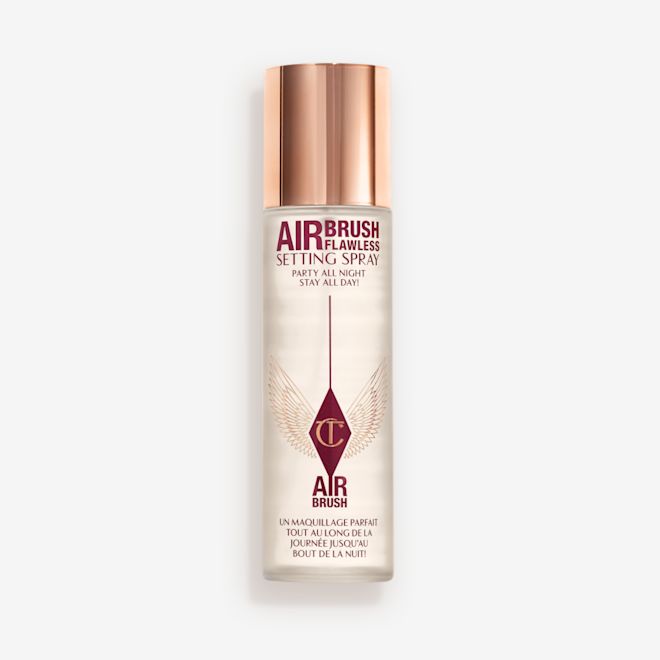 Airbrush Flawless Setting Spray closed Charlotte Tilbury Airbrush Flawless Setting Spray bottle with a 'Best Seller' badge.