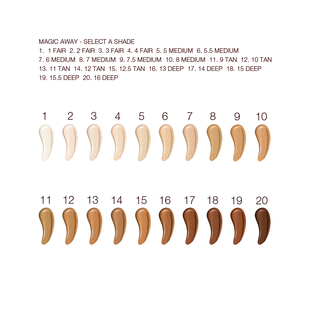 Swatches of twenty, liquid concealers in shades ranging from ivory, beige, and peach to light, medium, and dark brown for fair, light, medium-light, medium, medium-dark, and deep skin tones. 