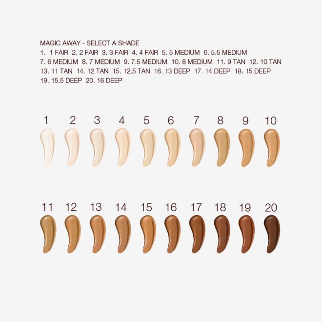Magic Away Shades swatches Swatches of twenty, liquid concealers in shades ranging from ivory, beige, and peach to light, medium, and dark brown for fair, light, medium-light, medium, medium-dark, and deep skin tones.