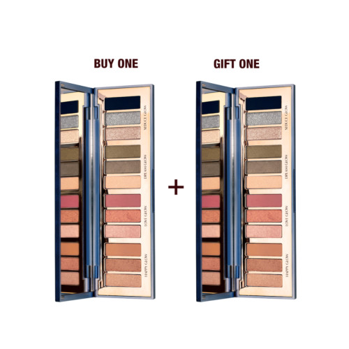 Two, identical, open, mirrored-lid eyeshadow palettes with twelve metallic and shimmery eyeshadows in topaz, red, purple, chocolate brown, pink and golden shades. 