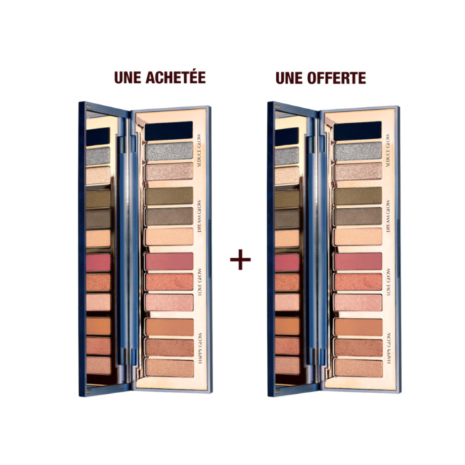 Deux palettes de fards à paupières identiques, dont le couvercle avec miroir est ouvert, contenant douze fards à paupières métalliques et chatoyants dans des teintes topaze, rouge, violet, brun chocolat, rose et doré. 