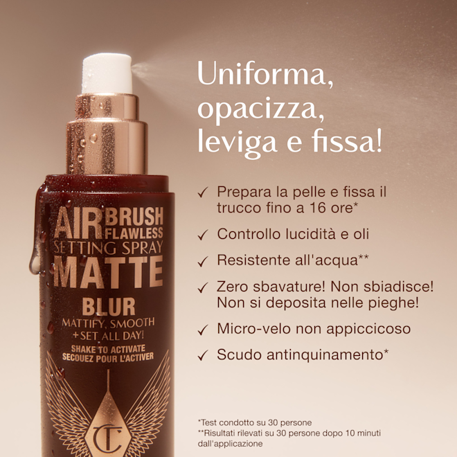 it-AFF SS Claims 1000x1000 Close-up of Airbrush Flawless Setting Spray Matte bottle with text highlighting benefits: primes and sets makeup for up to 16 hours, oil and shine control, waterproof, anti-pollution shield, non-sticky micro-fine veil, and claims of no melting, fading, or creasing.