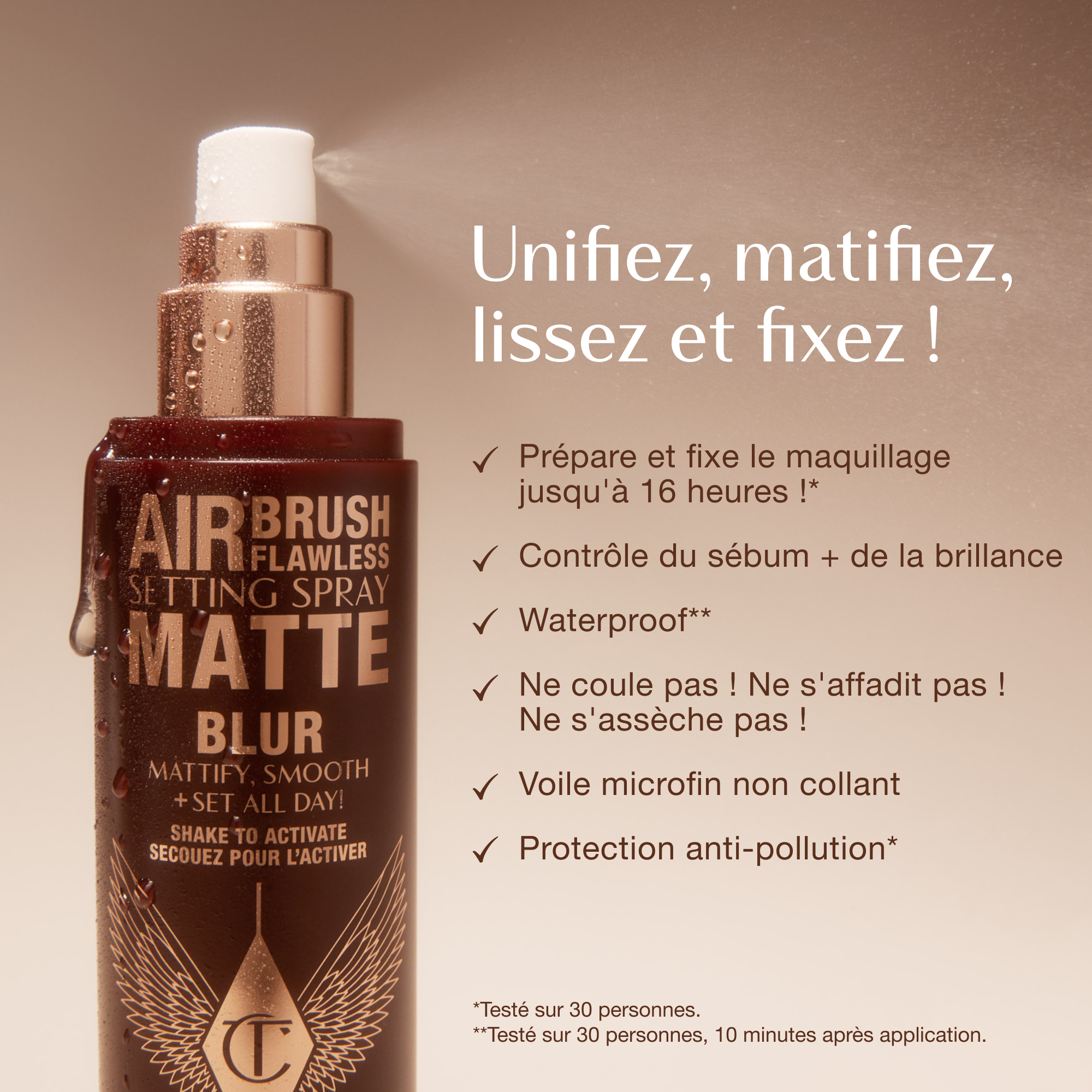 Close-up of Airbrush Flawless Setting Spray Matte bottle with text highlighting benefits: primes and sets makeup for up to 16 hours, oil and shine control, waterproof, anti-pollution shield, non-sticky micro-fine veil, and claims of no melting, fading, or creasing.