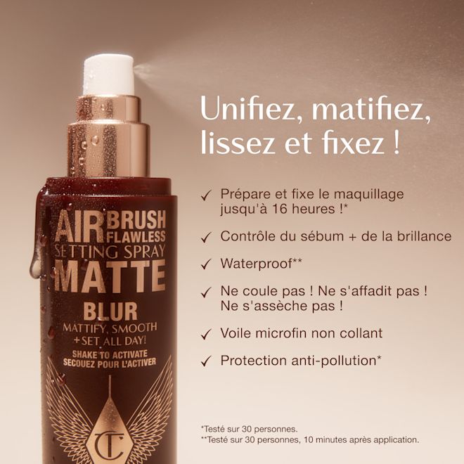 fr-AFF SS Claims 1000x1000 Close-up of Airbrush Flawless Setting Spray Matte bottle with text highlighting benefits: primes and sets makeup for up to 16 hours, oil and shine control, waterproof, anti-pollution shield, non-sticky micro-fine veil, and claims of no melting, fading, or creasing.