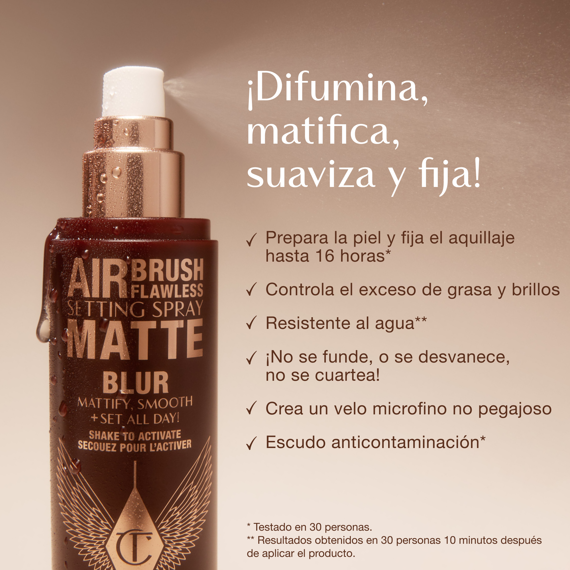 Close-up of Airbrush Flawless Setting Spray Matte bottle with text highlighting benefits: primes and sets makeup for up to 16 hours, oil and shine control, waterproof, anti-pollution shield, non-sticky micro-fine veil, and claims of no melting, fading, or creasing.