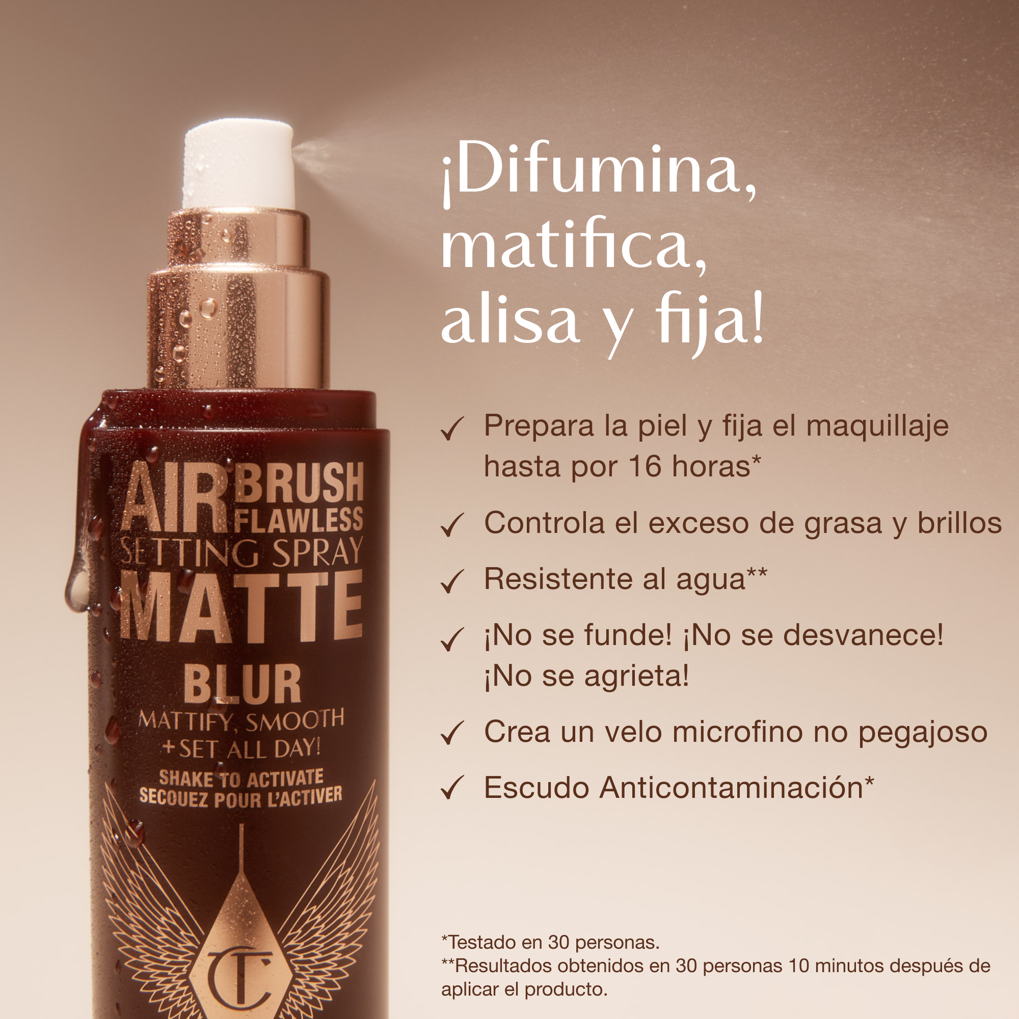 Close-up of Airbrush Flawless Setting Spray Matte bottle with text highlighting benefits: primes and sets makeup for up to 16 hours, oil and shine control, waterproof, anti-pollution shield, non-sticky micro-fine veil, and claims of no melting, fading, or creasing.
