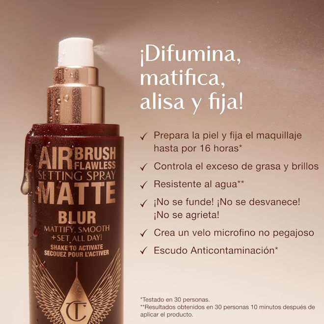 esus-AFF SS Claims 1000x1000 Close-up of Airbrush Flawless Setting Spray Matte bottle with text highlighting benefits: primes and sets makeup for up to 16 hours, oil and shine control, waterproof, anti-pollution shield, non-sticky micro-fine veil, and claims of no melting, fading, or creasing.