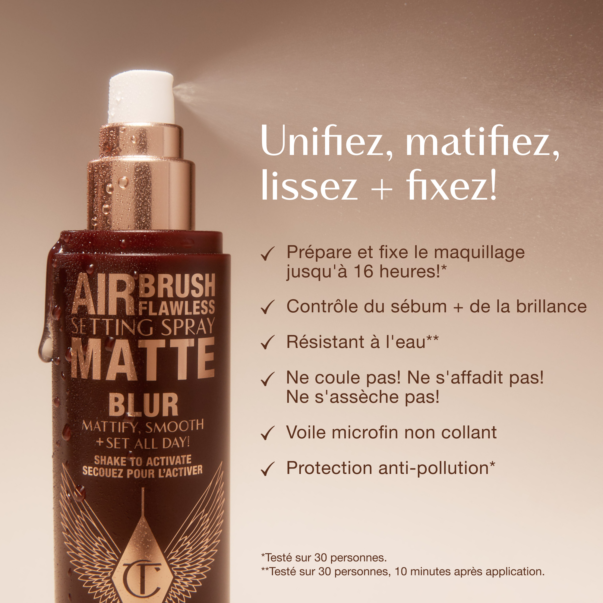 Close-up of Airbrush Flawless Setting Spray Matte bottle with text highlighting benefits: primes and sets makeup for up to 16 hours, oil and shine control, waterproof, anti-pollution shield, non-sticky micro-fine veil, and claims of no melting, fading, or creasing.