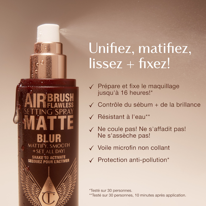 frca-AFF SS Claims 1000x1000 Close-up of Airbrush Flawless Setting Spray Matte bottle with text highlighting benefits: primes and sets makeup for up to 16 hours, oil and shine control, waterproof, anti-pollution shield, non-sticky micro-fine veil, and claims of no melting, fading, or creasing.