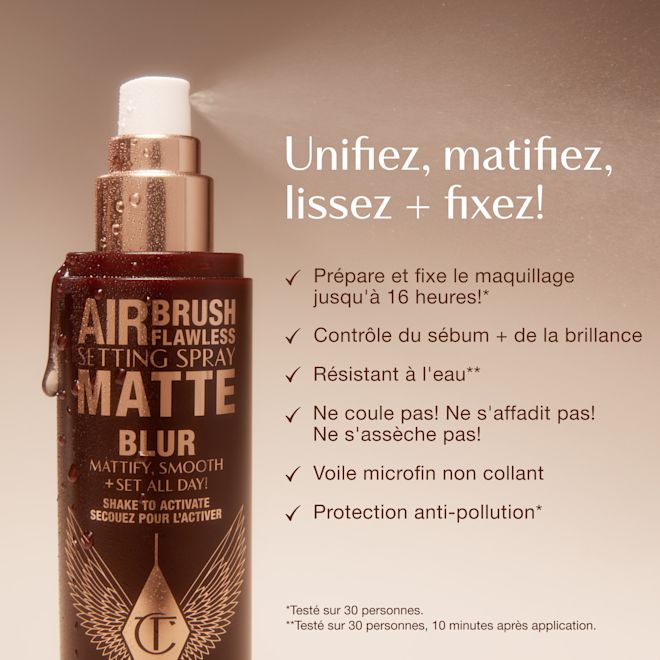 frca-AFF SS Claims 1000x1000 Close-up of Airbrush Flawless Setting Spray Matte bottle with text highlighting benefits: primes and sets makeup for up to 16 hours, oil and shine control, waterproof, anti-pollution shield, non-sticky micro-fine veil, and claims of no melting, fading, or creasing.