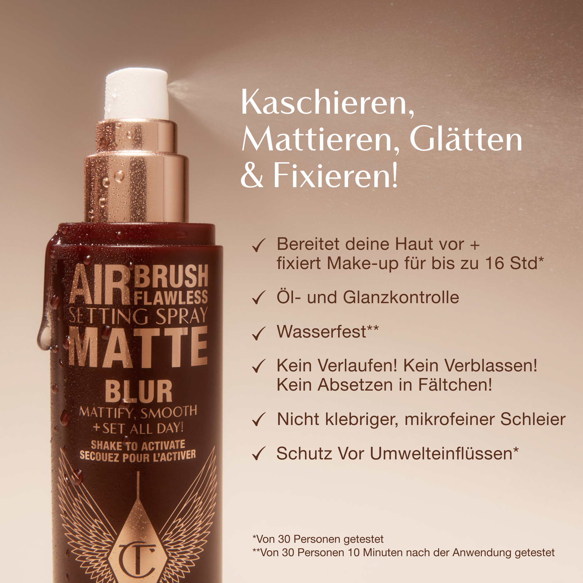 Close-up of Airbrush Flawless Setting Spray Matte bottle with text highlighting benefits: primes and sets makeup for up to 16 hours, oil and shine control, waterproof, anti-pollution shield, non-sticky micro-fine veil, and claims of no melting, fading, or creasing.